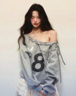 Gray coquette aesthetic sweatshirt with off-shoulder detail and number 8 embroidery.
