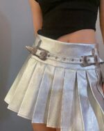 Silver pleated skirt with adjustable belt and decorative buckles. Product keyword: silver pleated skirt.