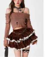 Brown tiered ruffle skirt with white lace trim, part of a kawaii outfit.