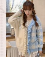 Milkshake Knitted Cardigan - Harajuku aesthetic cardigan featuring a two-tone checkered design and ruffles.