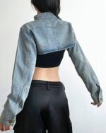 Loose Long Sleeve Denim Top - Y2K Aesthetic cropped denim jacket, light wash.