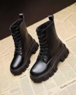 Black gothic over knee boots with thick soles and laces. Part of the Gothic Collection.