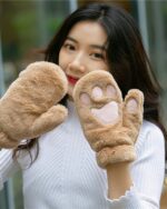 Neko Paw Winter Gloves, brown plush mittens with paw pads, warm winter handwear.