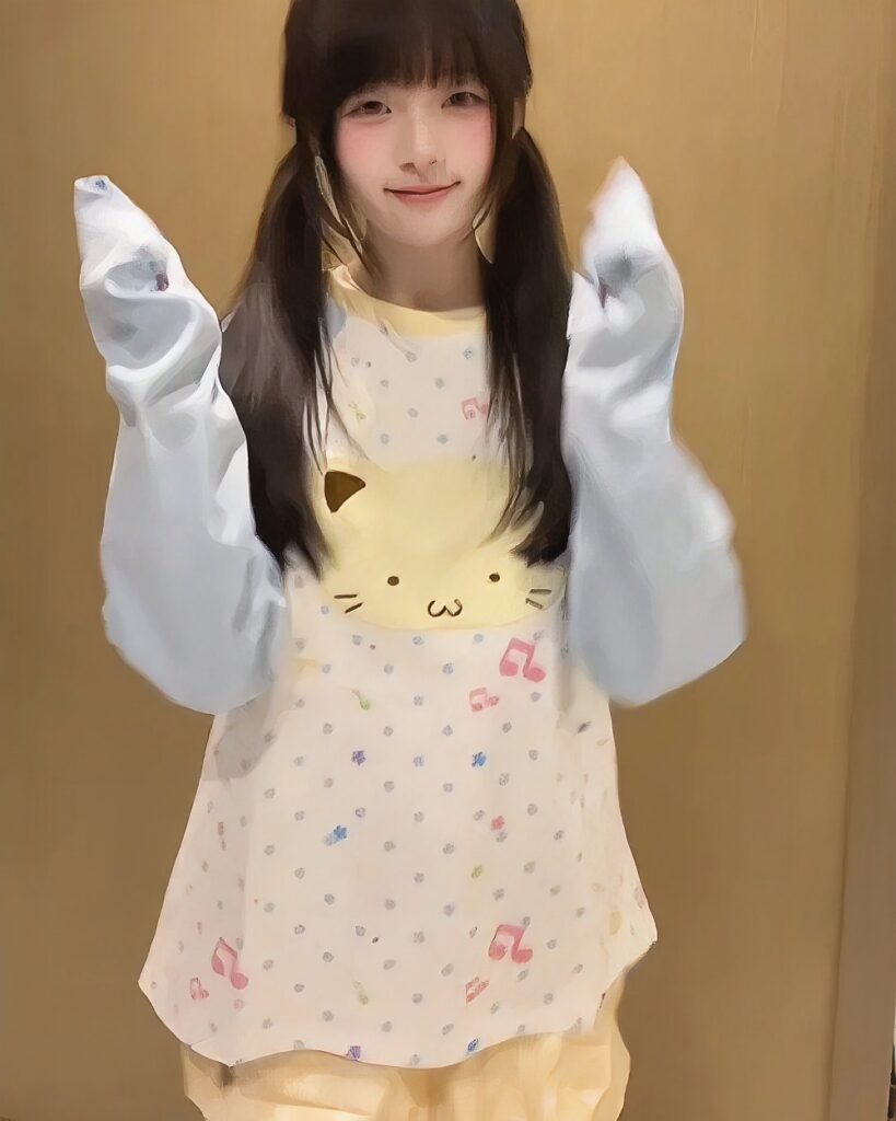 Harajuku cat sweatshirt featuring a cute cat design on a pastel patterned top.