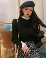 Black french aesthetic top with lace detailing and a beret.