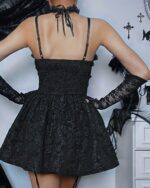 Black gothic aesthetic dress featuring lace detailing and a sweetheart neckline.