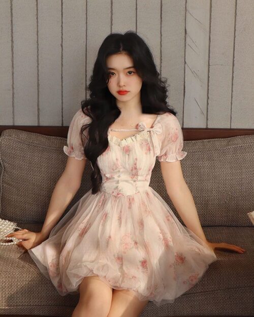 Floral pink dress, cottagecore floral dress with floral print and puff sleeves.