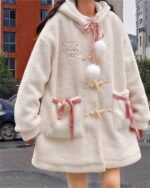 Fluffy hooded coat featuring a cute bear design, pink ribbons, and candy embellishments.