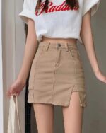 High Waist Denim Skirt - Y2K Aesthetic in beige, featuring a split hem and button closure.
