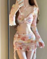 Four-piece kawaii aesthetic swimsuit featuring a floral print top and layered skirt.