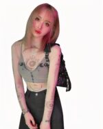 Mesh Pattern Long Sleeve Top - Witchcore, featuring celestial illustrations on a sheer mesh fabric.