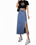 Light wash korean denim skirt with a side slit and high waist.