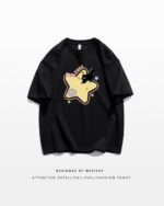 Black Scaredy-cat t-shirt with a kawaii star design featuring a scaredy cat character.