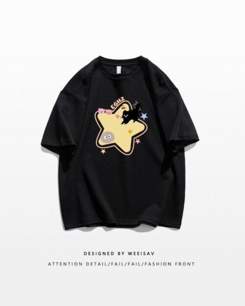 Black Scaredy-cat t-shirt with a kawaii star design featuring a scaredy cat character.