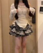 Y2k Lolita Set featuring a ruffled skirt and lace top, vintage aesthetic outfit.