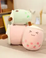 Cute bubble tea plushies in pink and green, soft and plush toys.