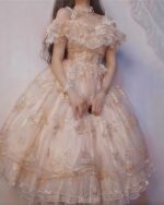 Detailed floral lolita dress with ruffles, embroidery, and layers of tulle. A princesscore style.