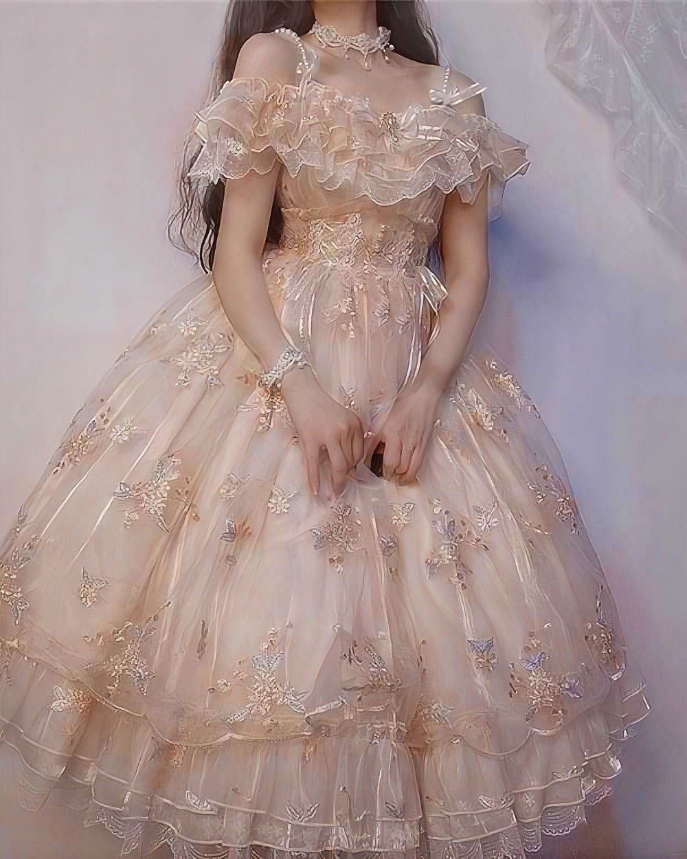Detailed floral lolita dress with ruffles, embroidery, and layers of tulle. A princesscore style.