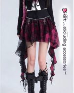 Checkered punk lolita skirt with pink and black plaid, layered and ruffled details.