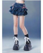 High Waist french style bow skirt with ruffles and denim, Y2K style.