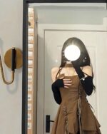 Brown retro aesthetic dress featuring a suspender bodice and layered skirt.