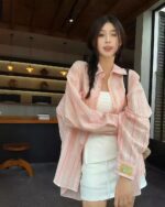 Long-sleeved striped casual shirt, Korean aesthetic shirt, worn by a woman.