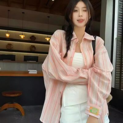 Long-sleeved Striped Casual Shirt - Korean Aesthetic