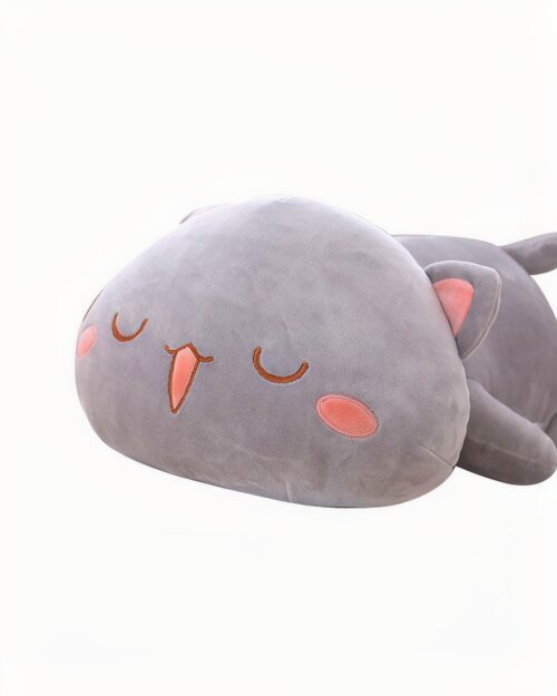 Gray mochi peach cat plushie, soft and cuddly with embroidered details.