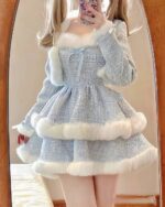 Blue winter aesthetic dress with fluffy white trim and ribbon details.