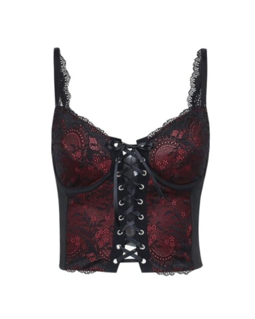 Red and black gothic lace vest with corset detailing and lacing.