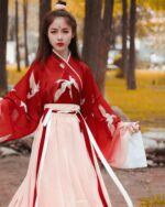 Red Hanfu - Tradition Dress, red crane hanfu showcasing embroidered crane details on a flowing red garment.