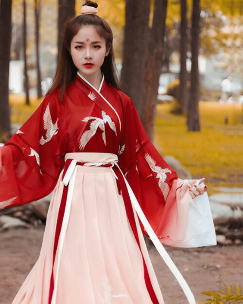 Red Hanfu - Tradition Dress, red crane hanfu showcasing embroidered crane details on a flowing red garment.