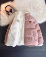 Pink bear heart jacket, a fluffy quilted jacket with a shearling collar and trim.