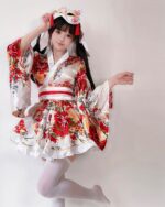 Woman wearing a kawaii short yukata with a fox mask, summer matsuri aesthetic.