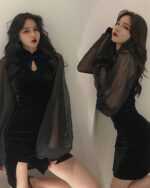 Black korean aesthetic dress with sheer sleeves, velvet material.