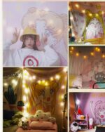 Anime wall tapestry hanging in a bedroom setting, showcasing a Sailor Moon anime print with fairy lights.