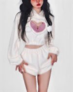 White kawaii fluffy pajamas set with a hooded top and shorts, featuring a plush design.