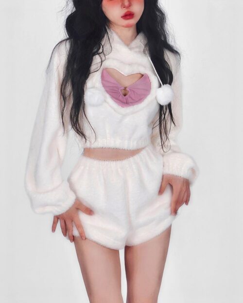 White kawaii fluffy pajamas set with a hooded top and shorts, featuring a plush design.