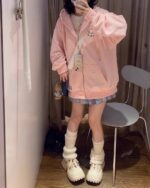 Pink puppy hoodie with cloud embroidery, kawaii style clothing.