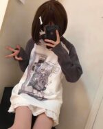 Harajuku detachable sleeve shirt featuring an anime-style print, cutecore aesthetic clothing.