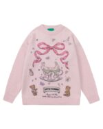 Pink kawaii rabbit sweater with vintage-style illustrations, including a rabbit drinking tea and teddy bears.