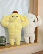 Sanrio muscular plushies: yellow PoPoTa and blue Pompom, posed on a shelf.