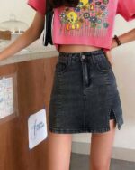 High Waist Denim Skirt - Y2K Aesthetic, showing a dark wash denim skirt with a slit.