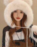 Close-up of a Thick Fluffy Bear Ears Hat - Kawaii Winter, worn by a woman.