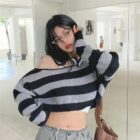 Off-the-shoulder Short Sweater - Retro Aesthetic word1
