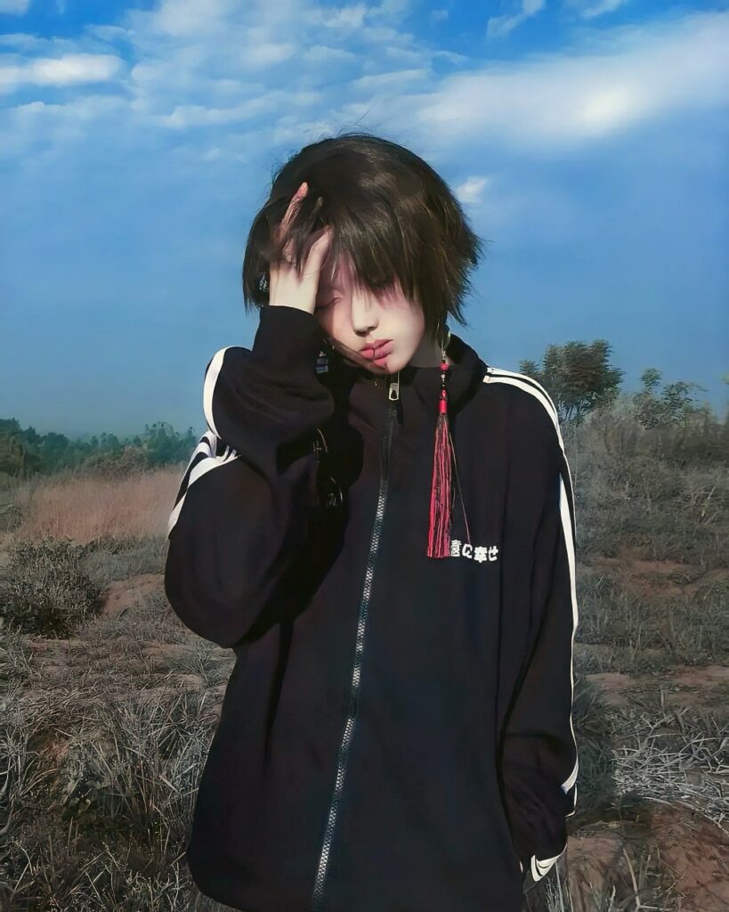 A person wearing a black japanese sporty jacket with white stripes outdoors.