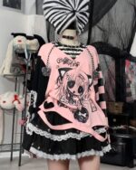 Harajuku long-sleeved striped shirt with yami kawaii aesthetic graphic and layered ruffles.