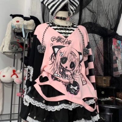 Harajuku Long-Sleeved Stripped Shirt - Yami Kawaii Aesthetic