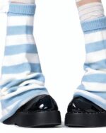 Close-up view of blue and white striped gyaru socks with a harajuku aesthetic, featuring a comfortable knit.