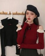 Two Laced Hollow-out Long-sleeved Tops, one black and one burgundy, featuring a coquette aesthetic top with lace accents.